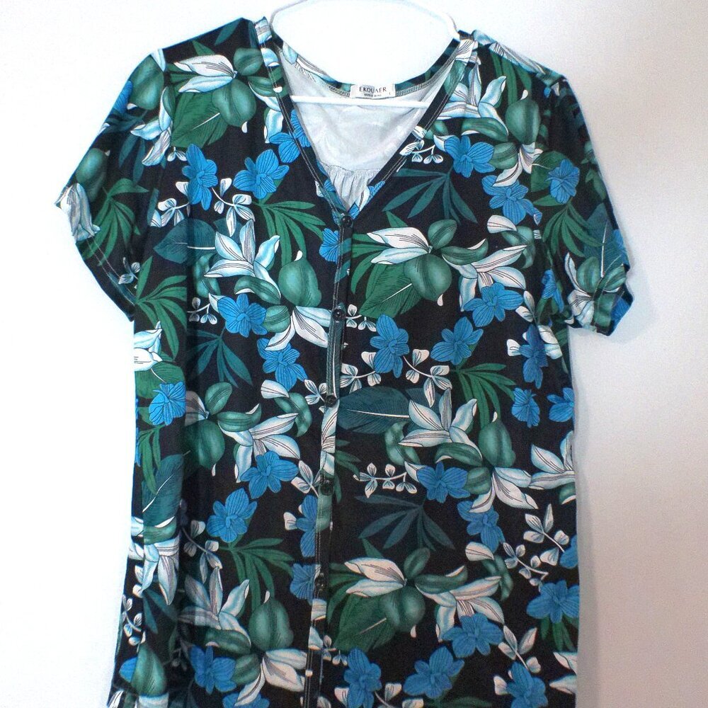 Ekouaer Women’s Large Tropical Floral Button Front Top Blue Green